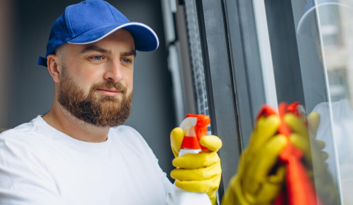 Technician doing residential window cleaning on a two storey home in Ottawa