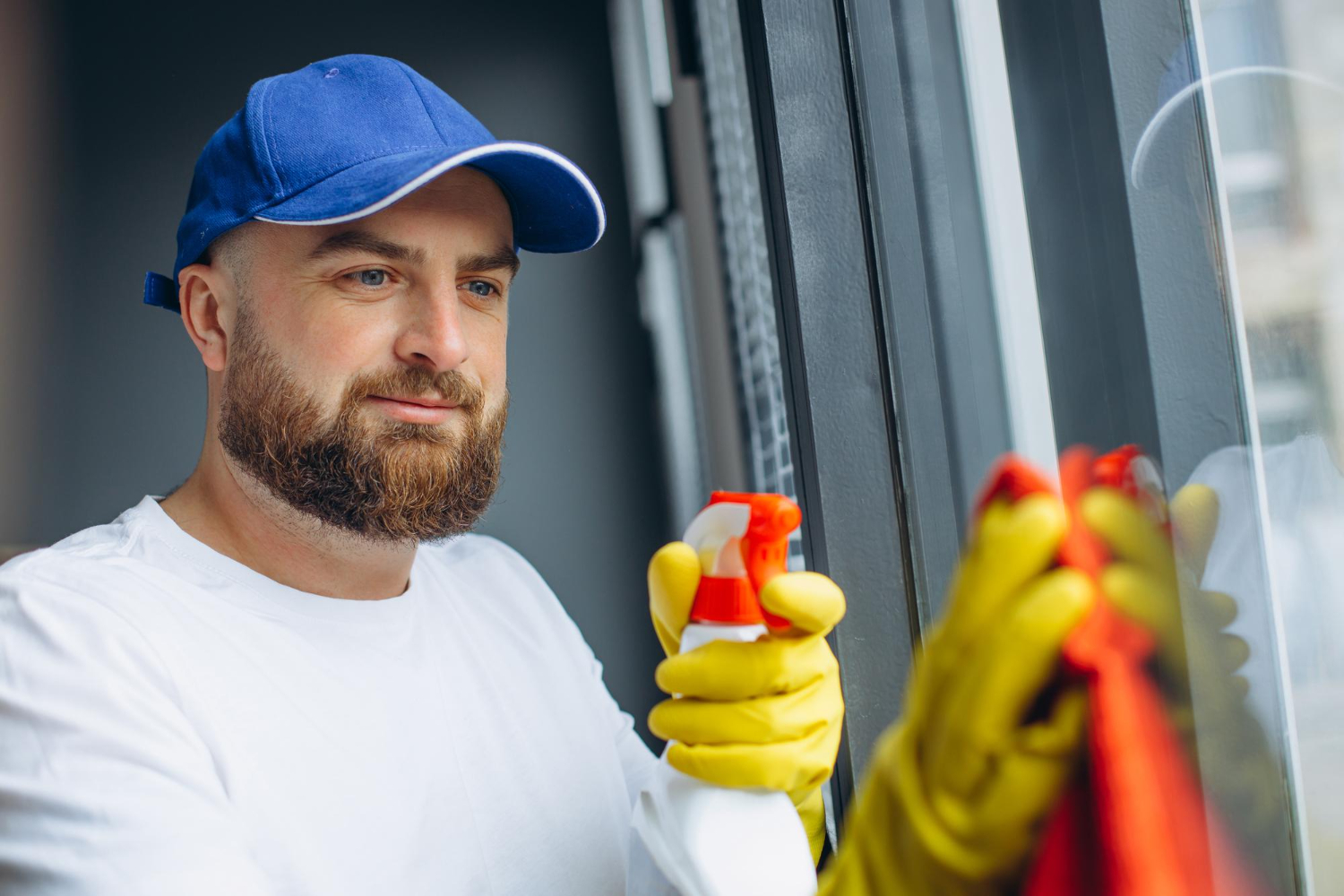 Technician doing residential window cleaning on a two storey home in Ottawa